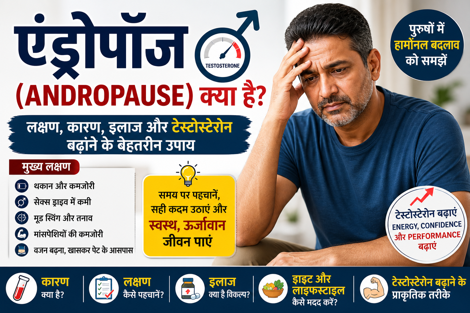 Andropause in Hindi | पुरुषों में एंड्रोपॉज के लक्षण, कारण, इलाज | टेस्टोस्टेरोन बढ़ाने के उपाय